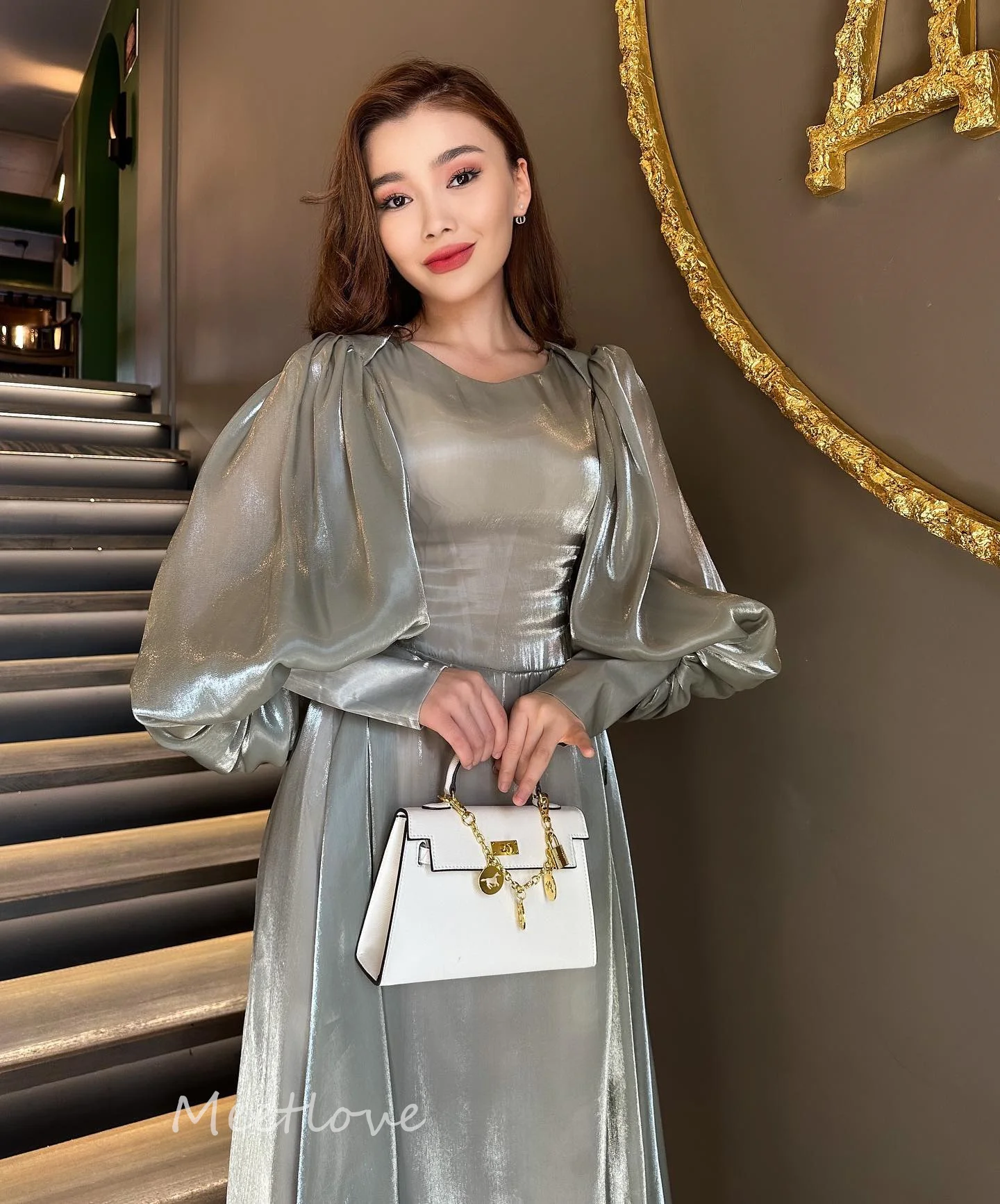 Elegant O Neck Prom Dress 2024 Long Sleeve Silk Crease Cocktail Dress Long Formal Evening Party Dress 2024 robes de soirée