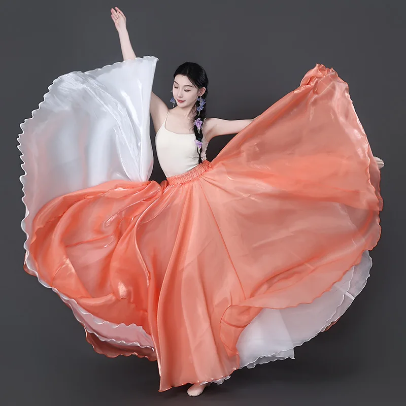 

Chinese Classical Modern Dance Double Layer Long Skirt Elegant Ethnic Performance Swing Skirt Ethereal Elastic-Waist Dance Dress