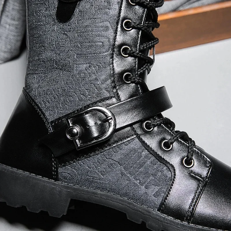 2025New Men Boots Fashion Mid-calf Boots Trend Motorcycle Boot High Top Casual Boots for Men Plush Warm Winter Boot Botas Hombre