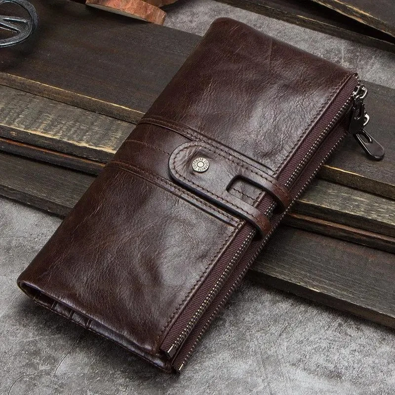 Men Clutch Wallet Genuine Leather Long Wallet Hasp Card Holder Vintage Male Zipper Coin Purse Money Bag