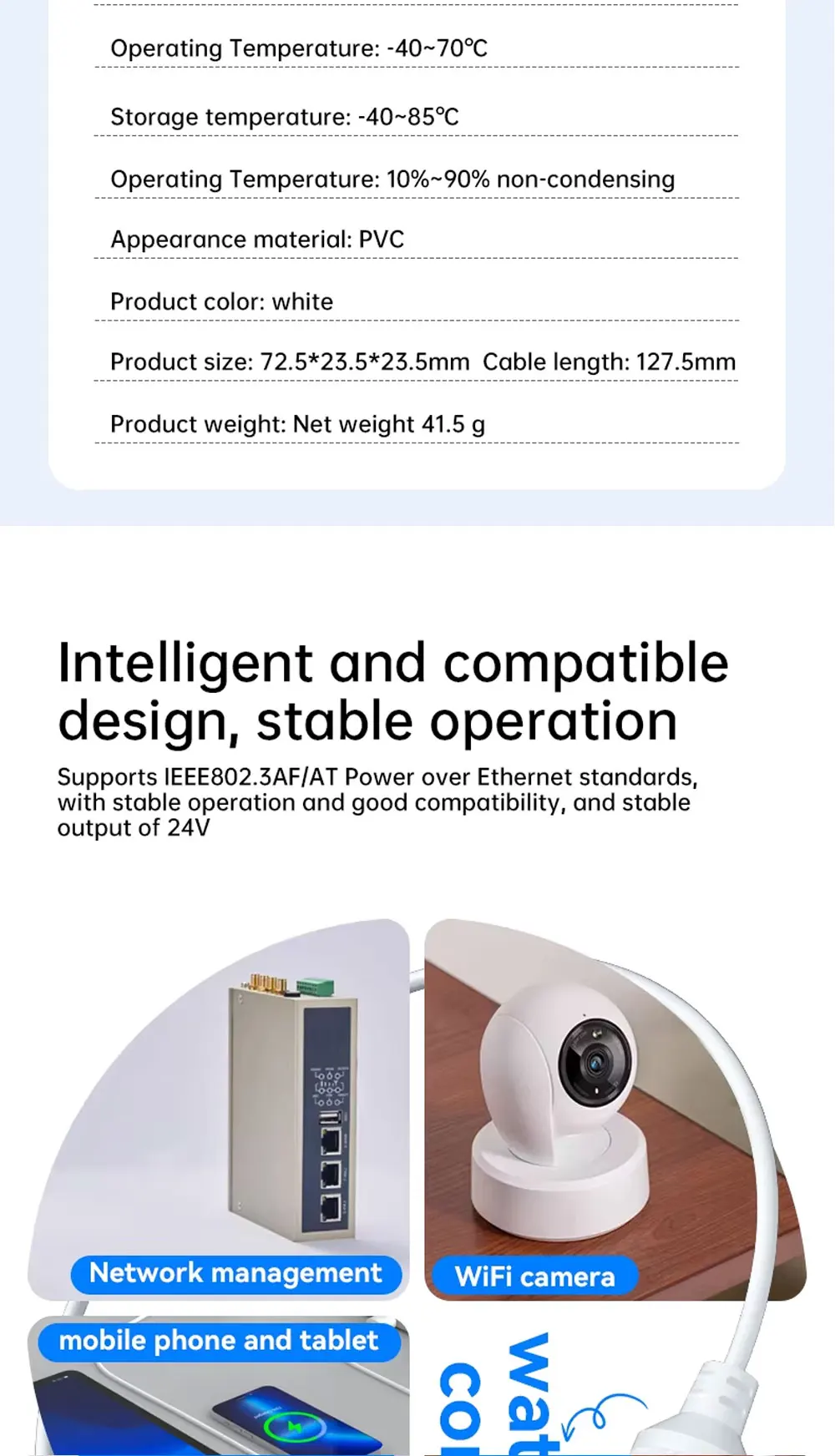 48V zu 5V Wasserdichter PoE-Konverter, RJ45-Anschluss zu Typ-C 5V/2A, IEEE802.3 AF/AT Power Over Ethernet für Typ-C Passive 5V Geräte – Detail 7