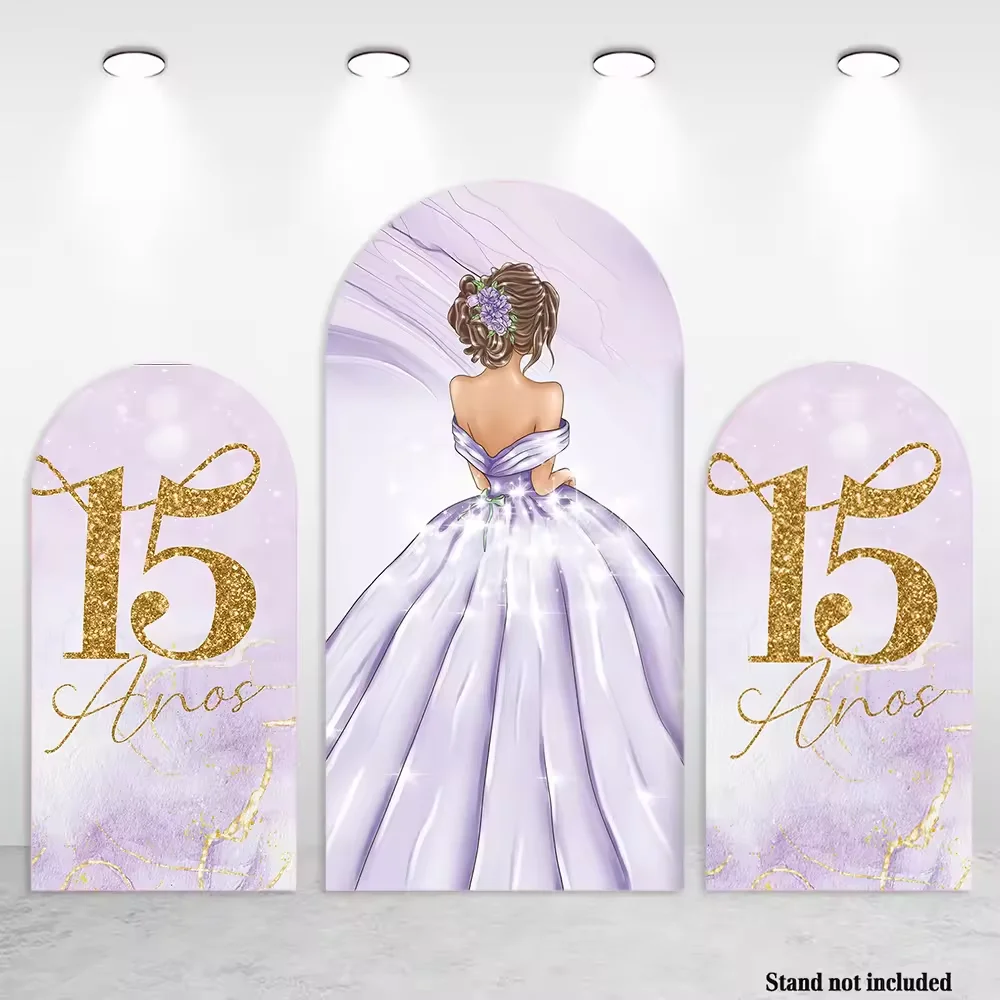 LS Princess Girl 15th Birthday Arch Panel Background Fantasy Purple Princess Dress Gold Background Quinceanera Party Photo