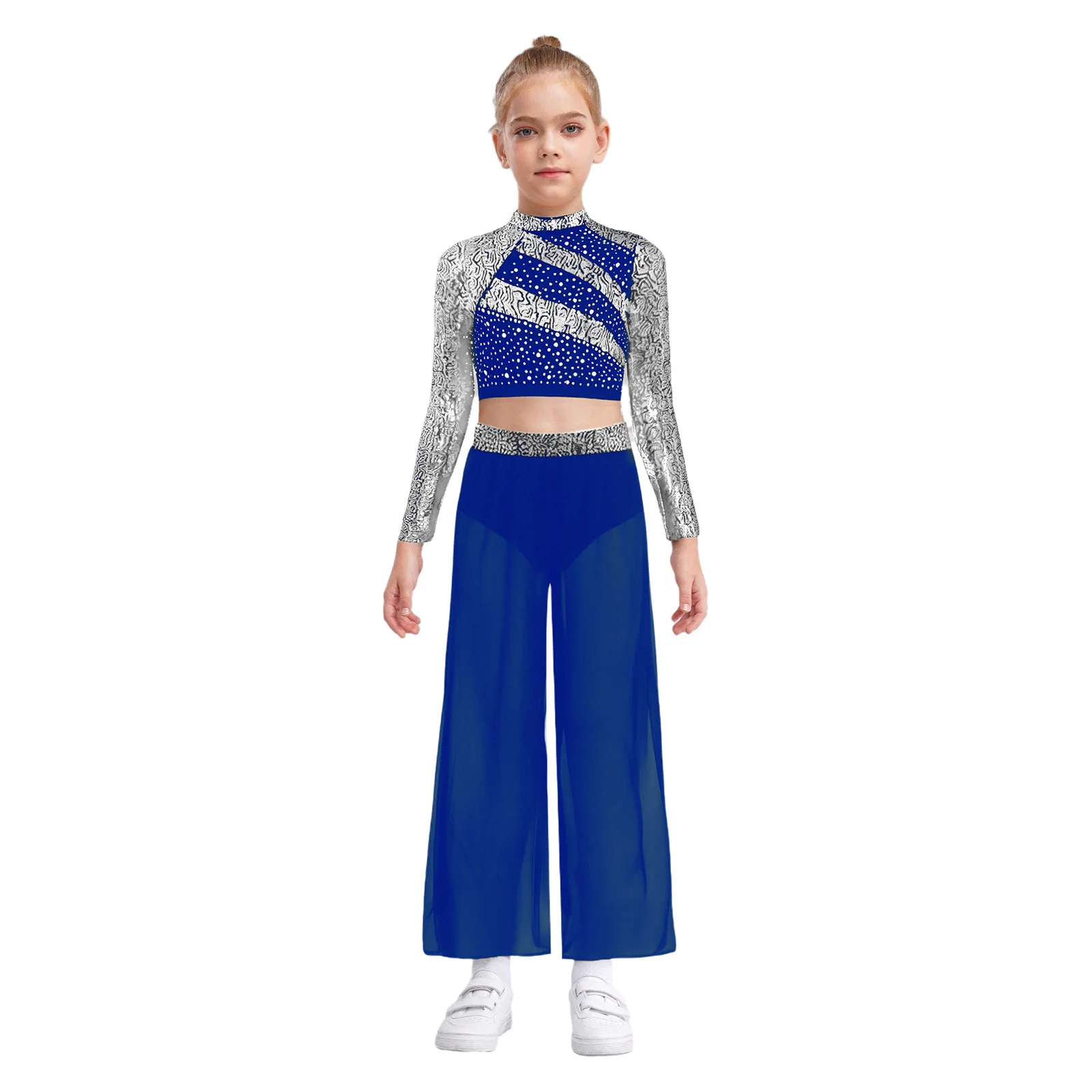 

‌Dance Performance Wear Set for Girls Mock Neck Crop Top with Stretchy Waist Pants Set with Cutout Back for Dance Classes
