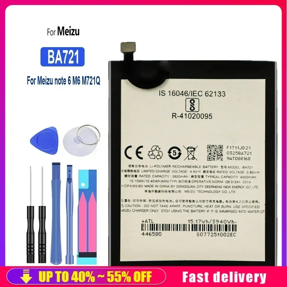 Rechargeable Mobile Phone Batteries BA721 BA 721 3920mAh For Meizu Meilan Note 6 Note6 M6 M721Q Cell Phone Portable Battery