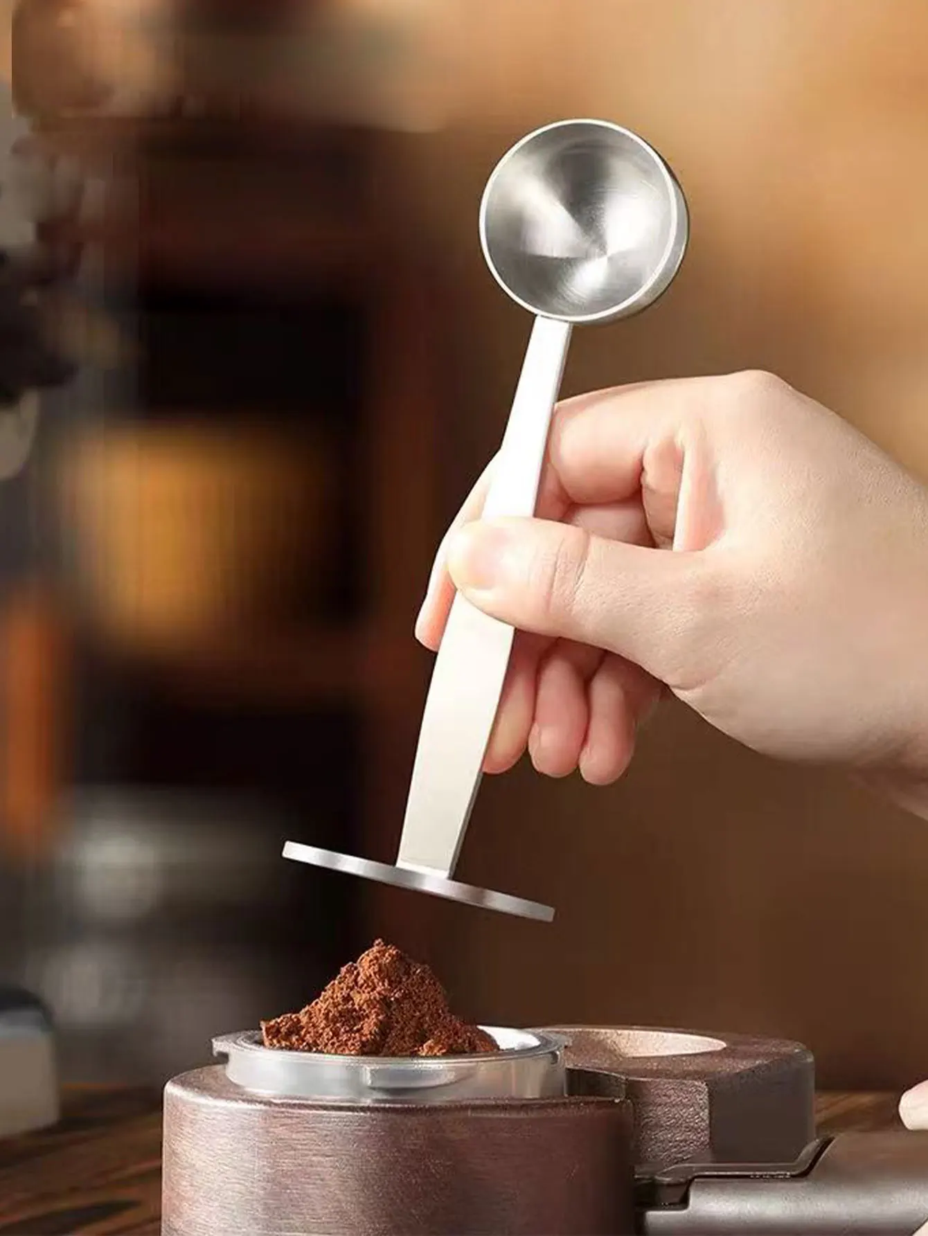 Cuchara medidora de acero inoxidable, cuchara de manipulación, cuchara medidora de café en polvo, manipulación de café dos en uno, martillo de polvo para máquina de café Moka Pot, 1 pieza
