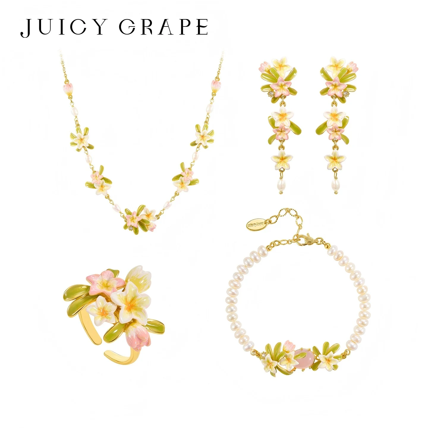 Juicy Grape Handmade Enamel Plumeria Frangipani Summer Floral Jewelry Set Earrings Ring Necklace Bracelet Elegant Gift for Women