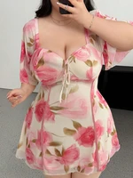 Plus Size Romantic Floral Pink Yellow Ruffle Sleeve Dress Short Sleeve V Neck Waistband Fitted Tiered - Image 3