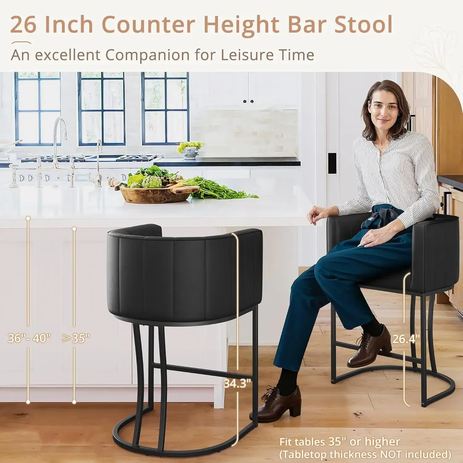 H Counter-Ensemble de 4 tabourets de bar en similicuir pour îlots de cuisine, 26.4 pouces, noir