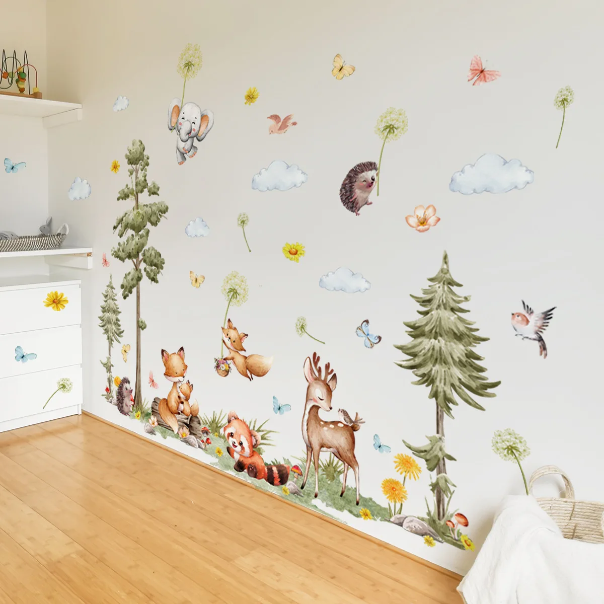 Forest Animals Wall Stickers Cartoon Fox Hedgehog Pine Tree Vinyl Decals for Children's Room Baby Bedroom Home Wall Decoration