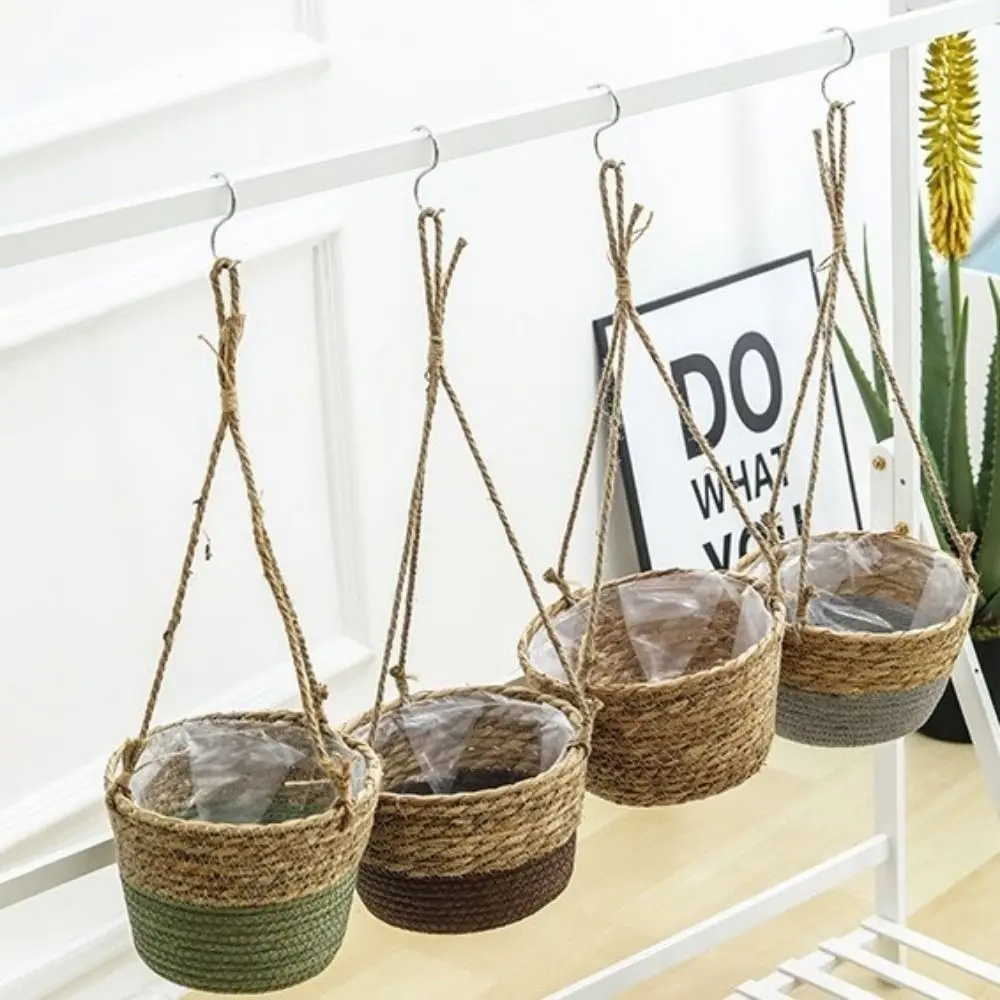 

Modern Handwoven Straw Hanging Basket Handmade Waterproof Woven Flower Basket Decorative Hanging Pot Home Decor