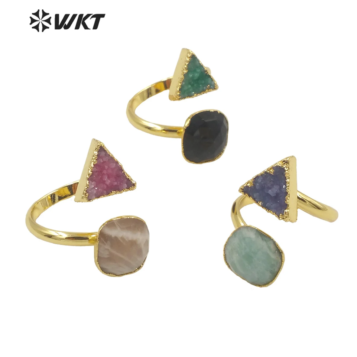 WT-R373 WKT Exclusive Design Double Gemstone Gold Ring Fashion Popular Plated Natural Stone Adjustable Druzy Accessories