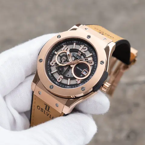 OBLVLO Męski Zegarek Automatyczny w Kolorze Różowego Złota, 44mm, z Odkrytą Tarczą, Wodoodporny, Brązowy Skórzany Pasek, Mechaniczny Zegarek z Datownikiem HM-GT