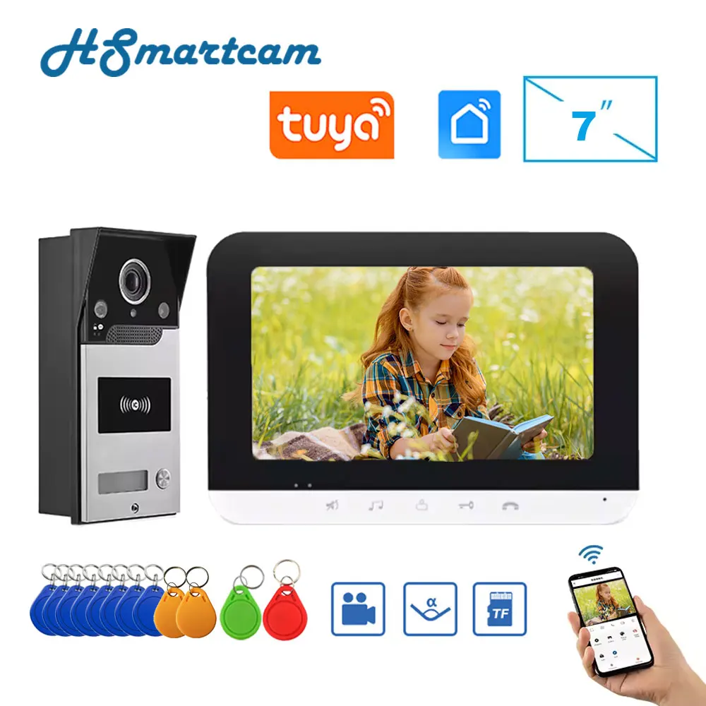 

Tuya 7 Inch Video Intercom Doorbell System With IR Night Vision and Waterproof IP65 with Unlock Control Doorbell Camera phone