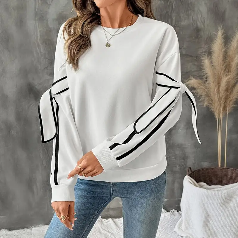 

Women's White Contrast Striped Bow Sleeve Sweatshirt Casual Loose Round Neck Long Sleeve Pullover Top