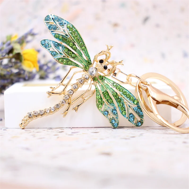 Dragonfly Insect Keychain Rhinestone Crystal Keyring Car Key Chain Women DIY Key Holder Ring Jewelry Gifts Accessory Wholesale