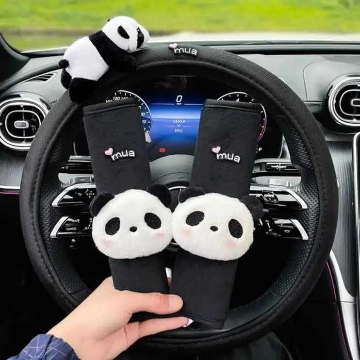 Cute Cartoon Panda Plush Universal Car Steering Wheel Cover Auto Seat belt Cover Imitate Lamb Wool Winter Car Accessories