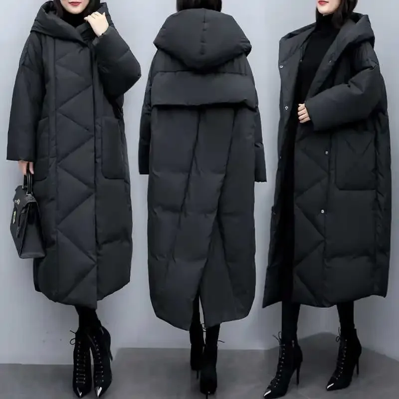 

Mid Long Fashion Black Parkas Hooded Spliced Jackets Women's Hidden Button Designs Loose Pockets Warm Coats Women Thickened