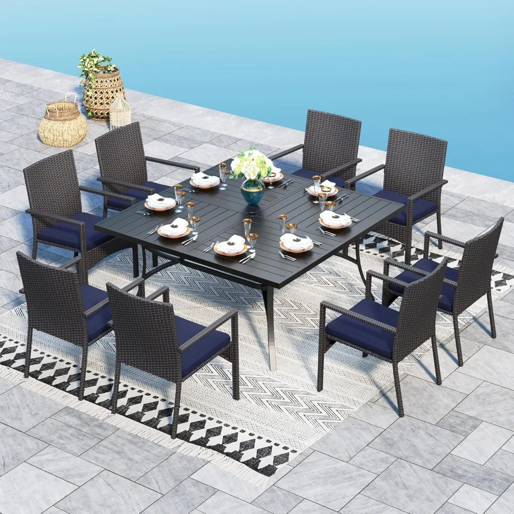 

60" Large Square Patio Table and Rattan Chairs Set, 8 People Metal Patio Table Set for Outside, Black Tabletop