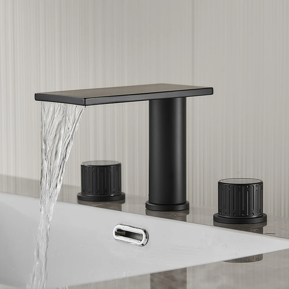 

Deck Mounted Bathroom Faucet Handles Hot And Cold Mixer Crane Basin Sink Three Holes Black Waterfall Tub Mixer Tap