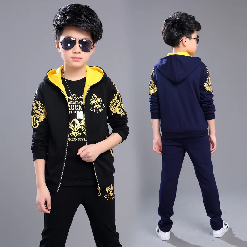 2024 autumn Sport Boys 3PCS/Set Children\' Suit Cotton Hooded Vest + T-Shirts + Pants Kids Tracksuit winter 6 7 8 9 10 11 12 year