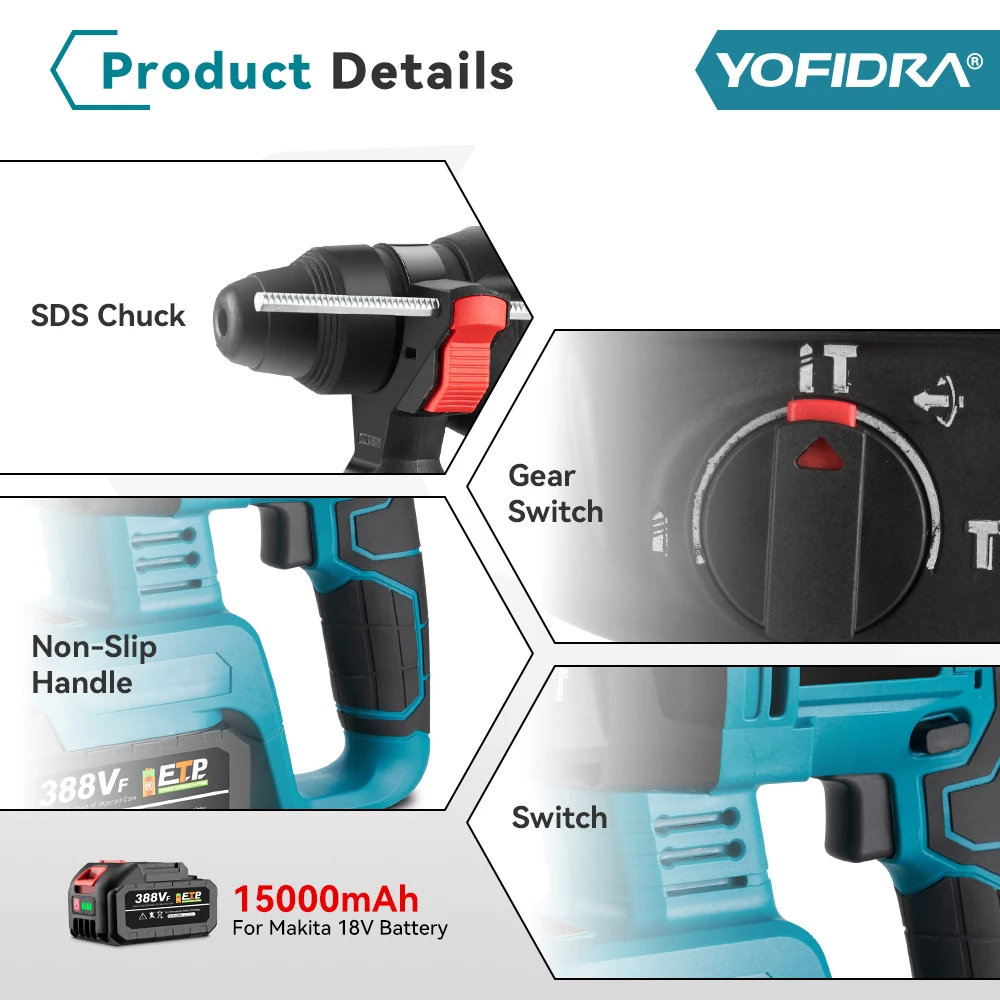 YOFIDRA 26mm Brushless Electric Hammer Multi-function Cordless Drilling Wall Loose Soil Impact Drill Tool For Makita 18V Battery