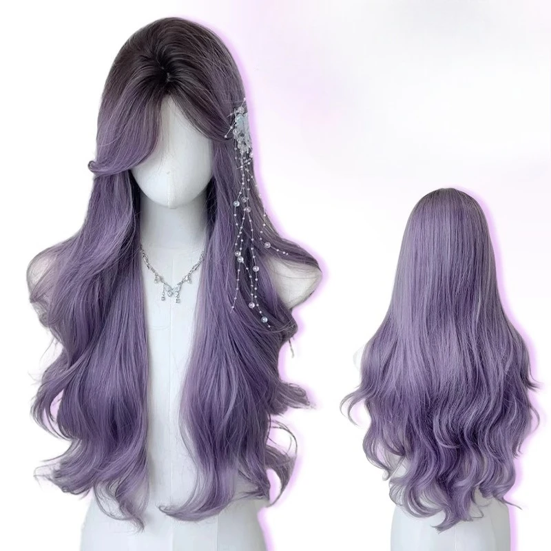 

Wig female long hair gray purple gradual change medium long curly hair summer thin couple hair color white full hood