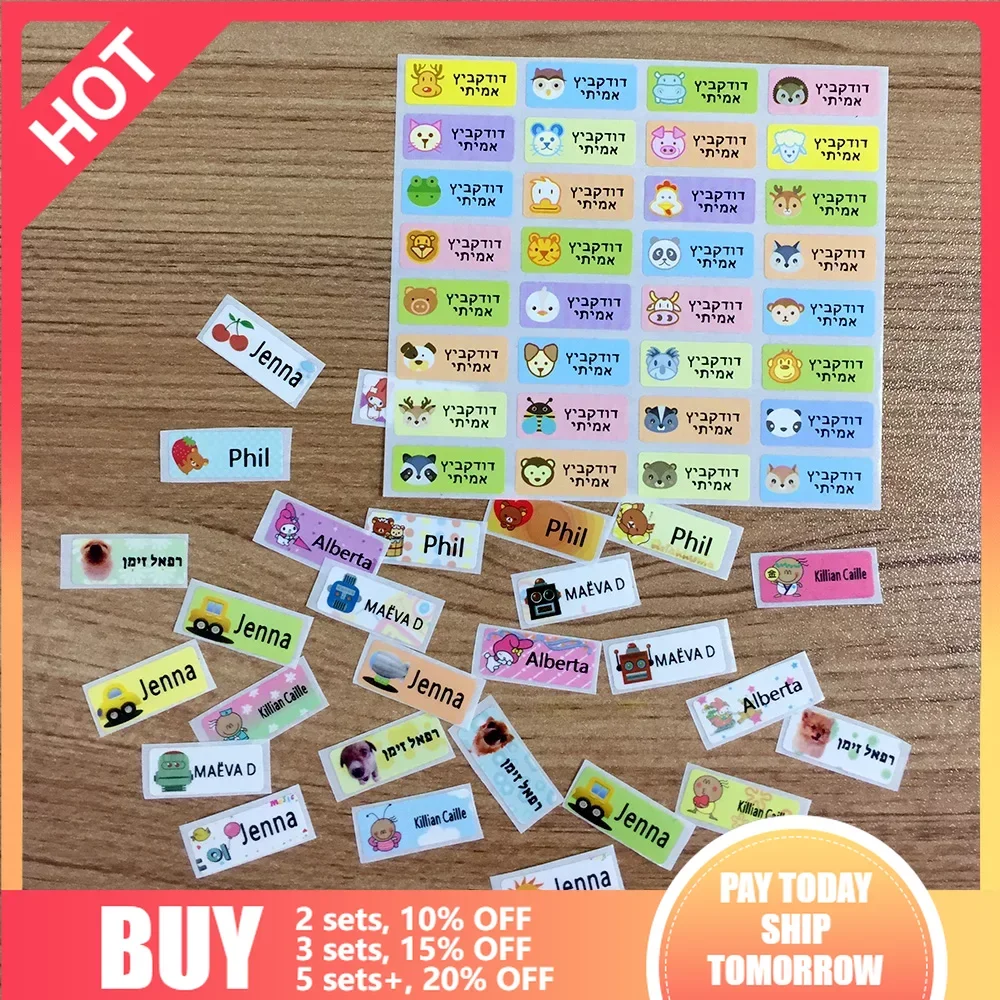 

60/100Pcs Custom Girl Boy Hebrew Name Stickers Cute Cartoon Pattern Personal Waterproof Tags Scrapbook School Stationery Labels