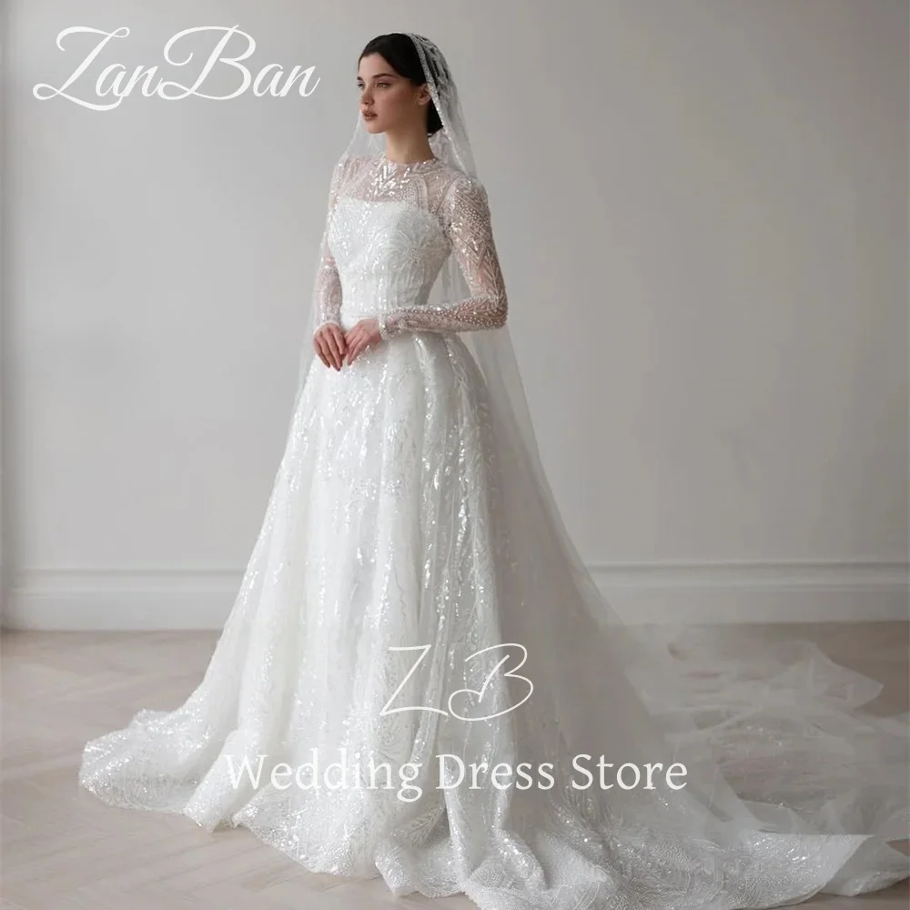 ZanBan Luxus-Hochzeitskleid mit Spitze, Perlenstickerei, A-Linie, volle Ärmel, O-Ausschnitt, Brautkleid, bodenlang, bescheiden, arabisch, kostenlos, individuell gestaltet