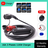 11KW 3 Phase CE Type 2 16A Current Adjustable Portable EV Car Charger With Red CEE Plug And Adapter Plug For Fast Charging