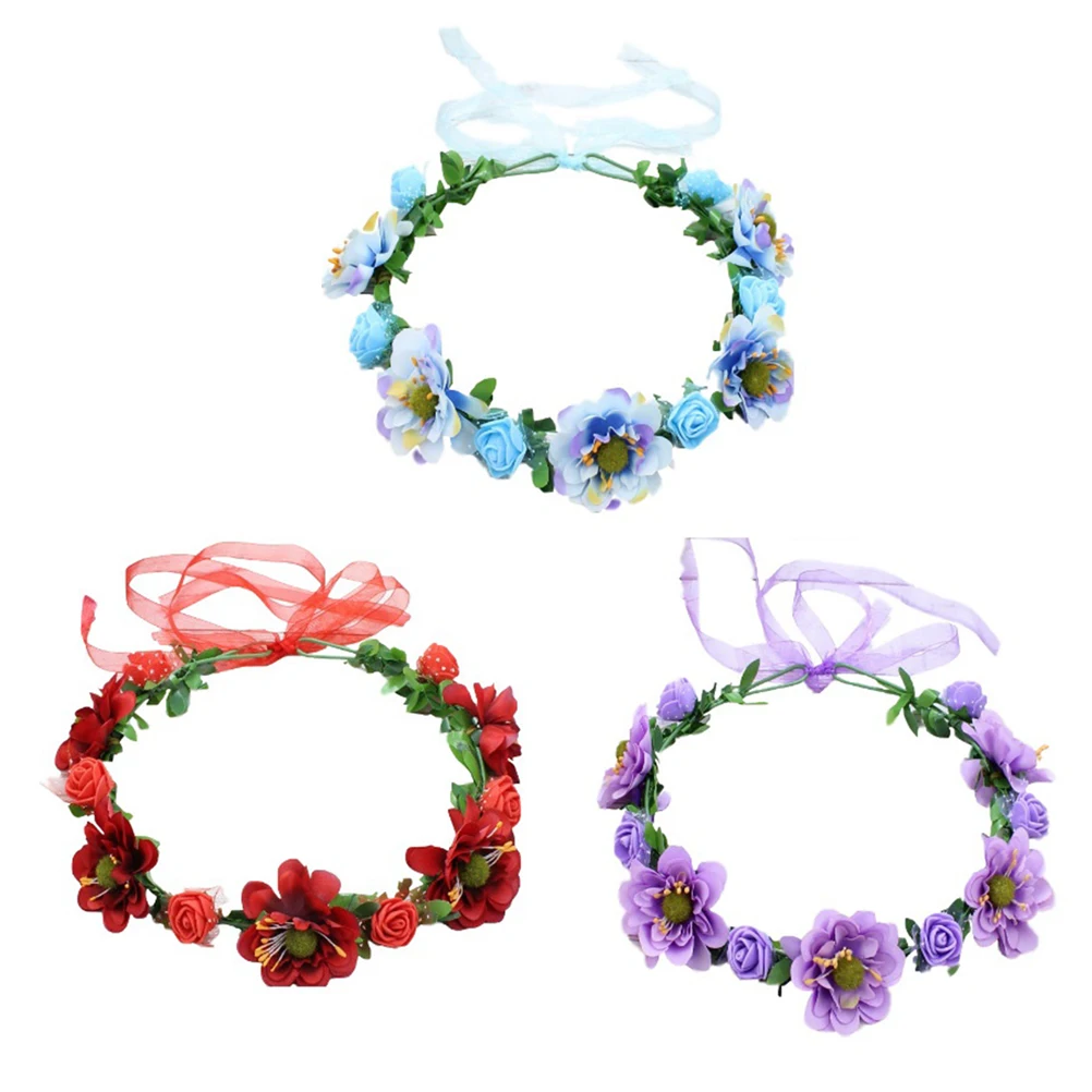 

3pcs Artificial Flower Hair Band Garland Floral Headband Bridal Headwear Realistic Ribbon Strap Adjustable Kids Teens Women