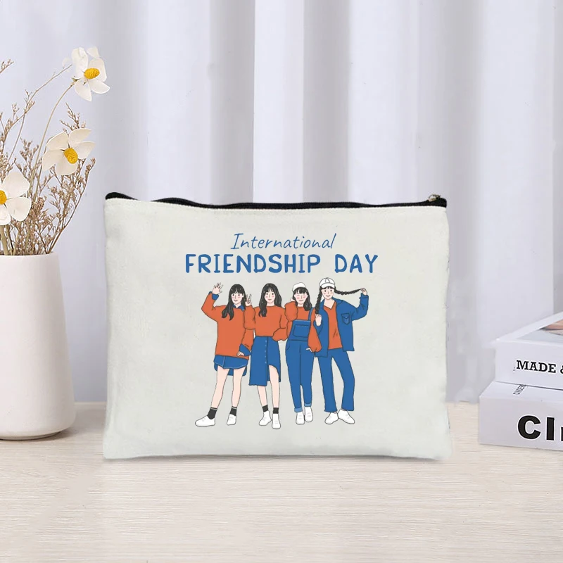 International Friendship Day Printed Toiletry Bag Organizer Lipstick Perfume Cosmetic Bag Canvas Storage Bag Gift for Friends