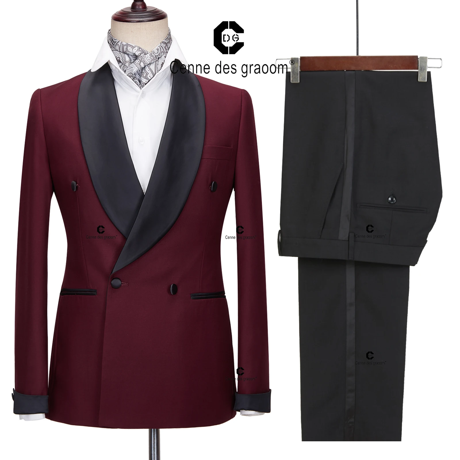 

Cenne Des Graoom Luxury Men Suit Wedding Grooms Banquet Maroon Burgundy Red Jacket with Tuxedo Pants Black Shawl Lapel Slim Fit