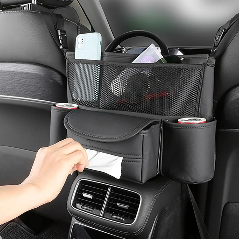 Bolsa de almacenamiento media para asiento de coche, reposabrazos de cuero PU, soporte para bolso, taza de agua Universal, bolsillos para teléfono, almacenamiento de pañuelos, colgador de asiento