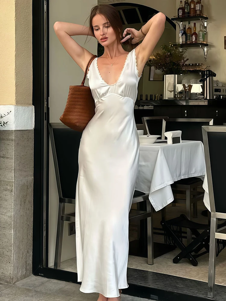 

Ticketsx Lace Patchwork Satin Dress Women's Sexy V Neck Sleeveless Backless Slim Sheath Dress Female Fashion Elegant Party Dress