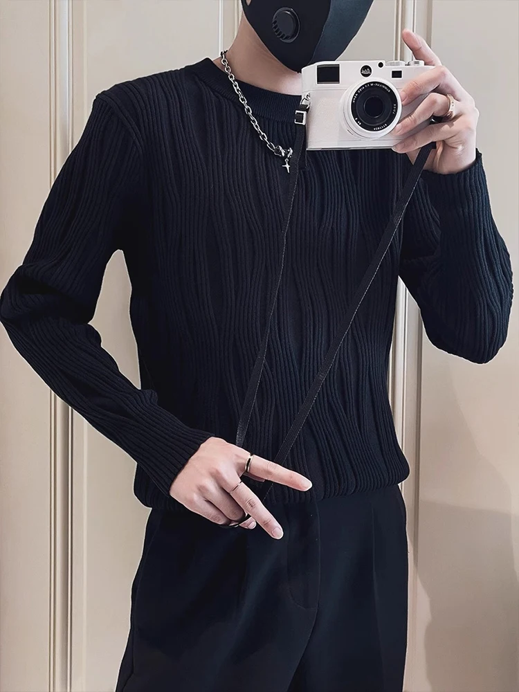 

Autumn Winter High End Knitted Sweater Men's Jaet Trendy Striped Inner Wear Youthful Sle Long Sve round Ne Top