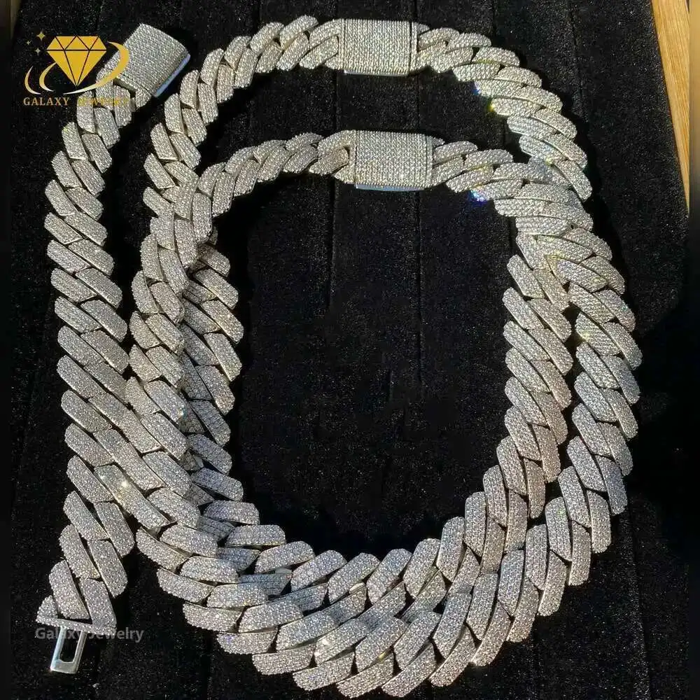 

Wholesale Custom 3 Rows Iced Out Miami Cuban Link Chain White Gold Plated 925 Silver Moissanite Diamond Cuban Bracelet Necklace
