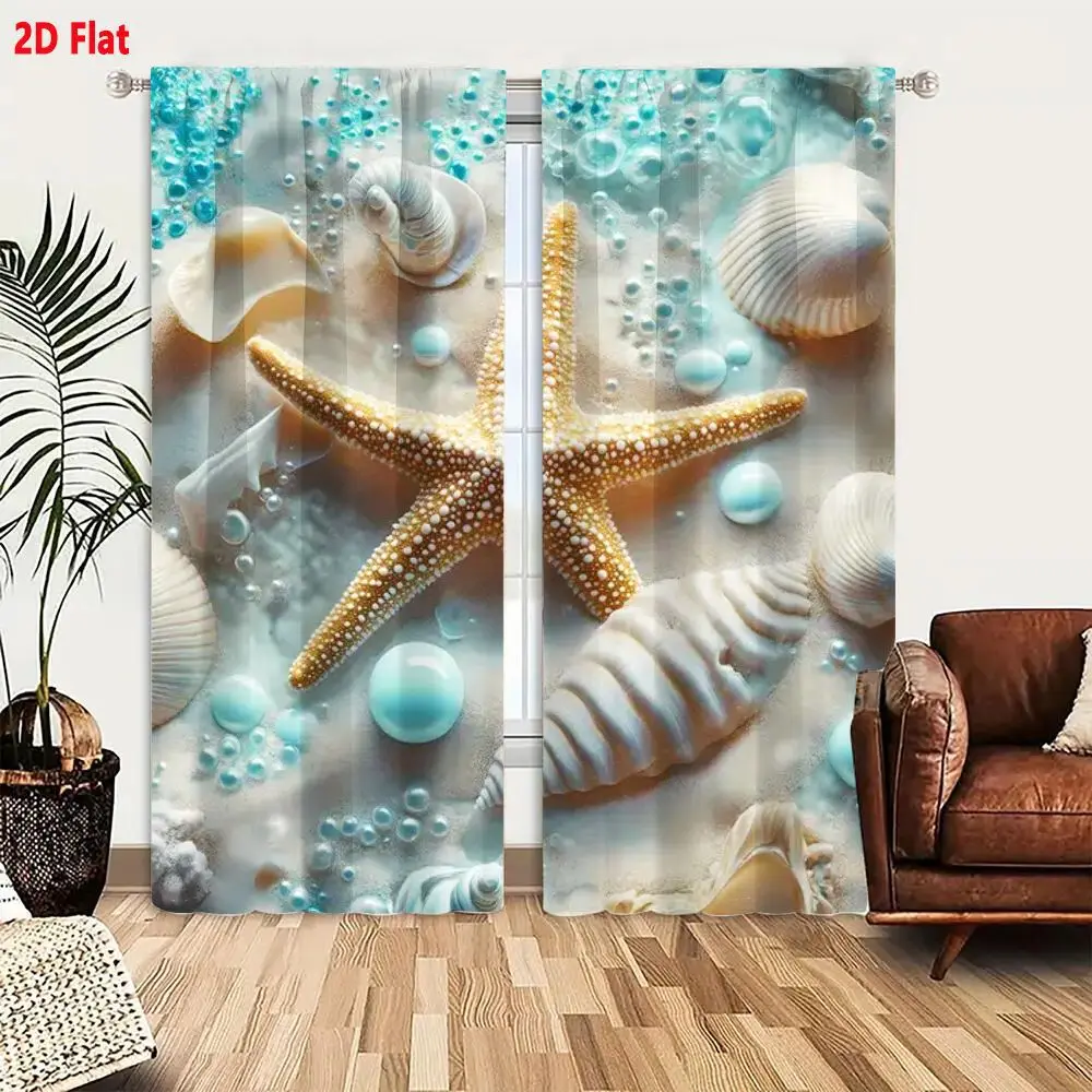 2Pcs Curtains 2D Flat Beach Themed Arrangement With Yellowish - Brown Starfish White Spots Seashells In Various Shapes Sizes Lig