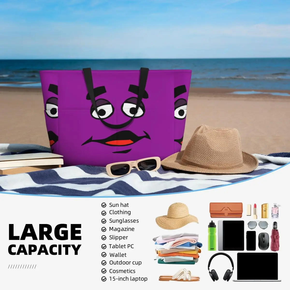Grimace Cartoon Design Borsa da spiaggia Tote Bag Sport Palestra Yoga Borsone Borsa grande da donna Borsa da viaggio Borsa da fitness
