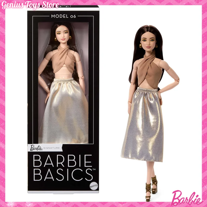 

Genuine 2026 Barbie Basics Collectible Doll Model 06 With Brunette Hair in Shimmery Golden Skirt & Halter Girl Birthday Gift Toy