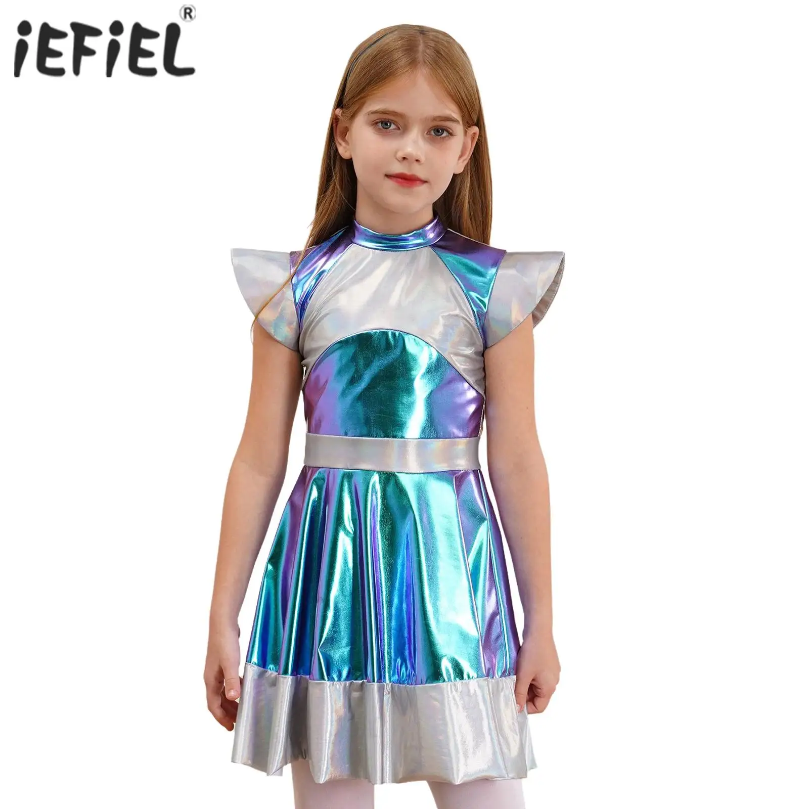 Kids Girls Halloween Alien Cosplay Costume Outer Space Cutie Cap Sleeve Glossy Metallic Dress for Carnival Roly Play Dress Up