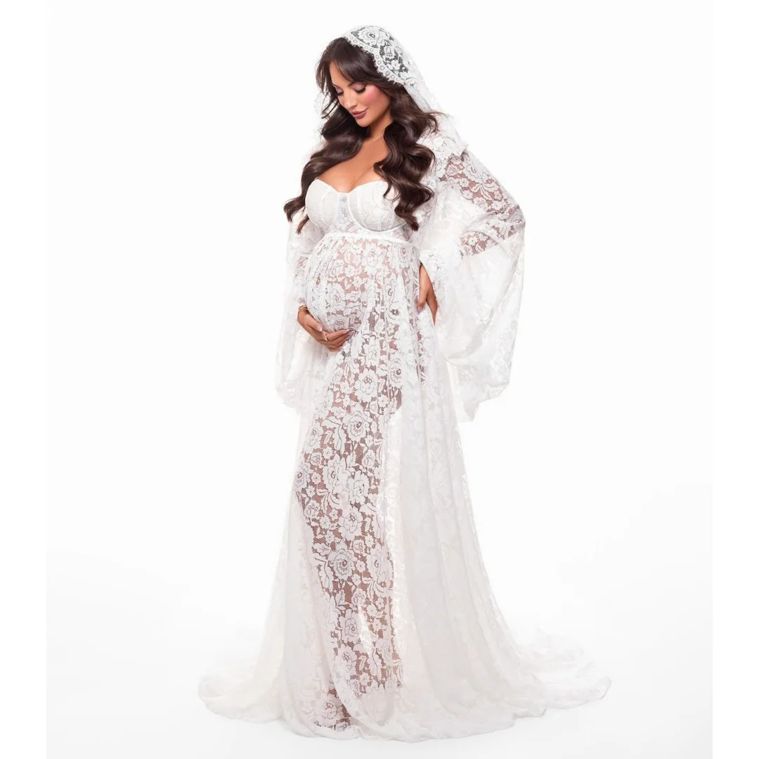 Bohemian Lace Prom Dresses See Thru Long Sleeves Maternity Photoshoot Dress Exquisite Baby Shower Gowns Customized