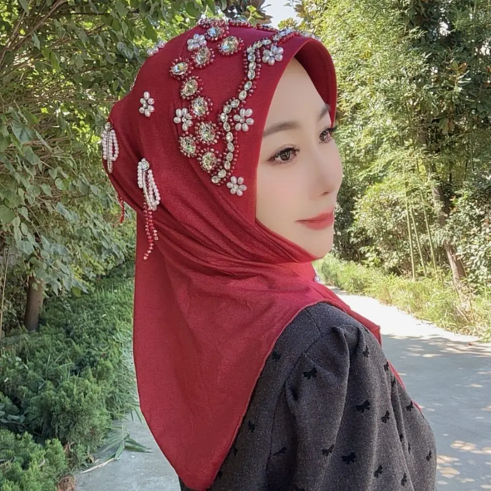 New Africa Ethnic Hats Hijab for Muslim Women Luxury Convenient Caps Daily Head Wear Diamonds Beige Lucky Hijabs Cap Hand-sewn