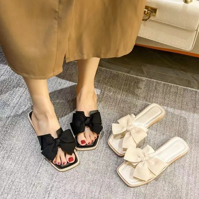 Women's Black Bow Flat Slippers Flip Flops Shoes Sandals Woman 2025 Trend Minimalist Girls Lady Flop Onlyfans Summer