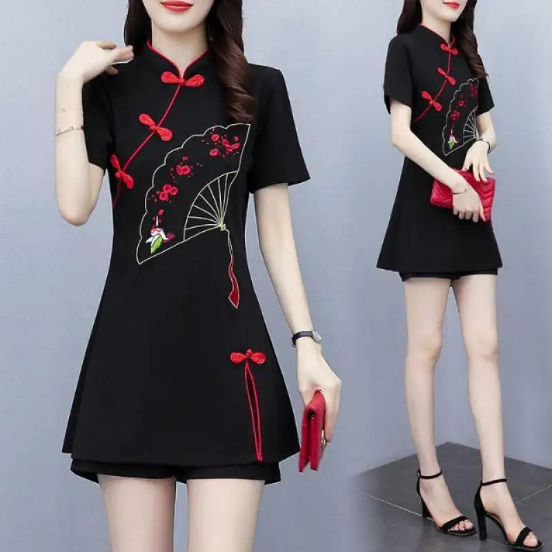 Chinese Style Cheongsam Summer Thin Mini Embroidery Dress Short Pants Two Piece Set Vintage Graceful Slim Tops Trousers Outfits