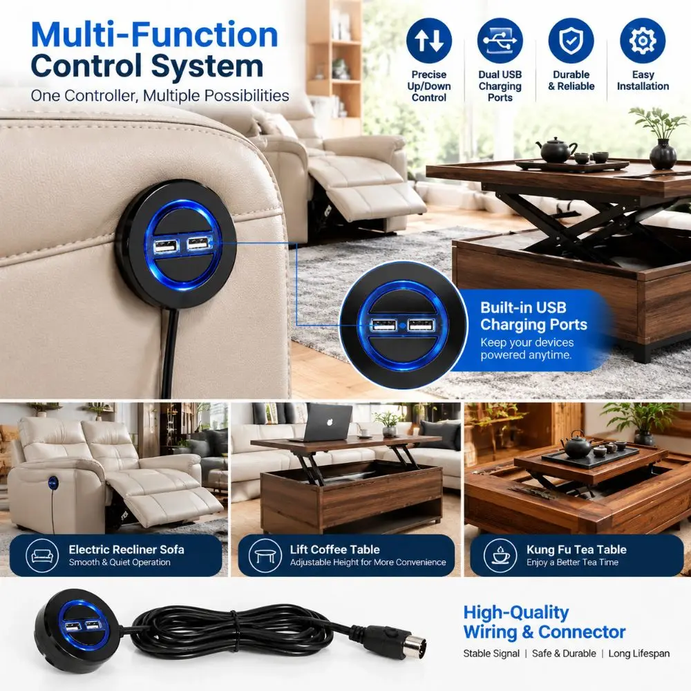 ABS Recliner Hand Controller Embedded USB Charging Port Black Electric Sofa Replacement Hand Control Replacement