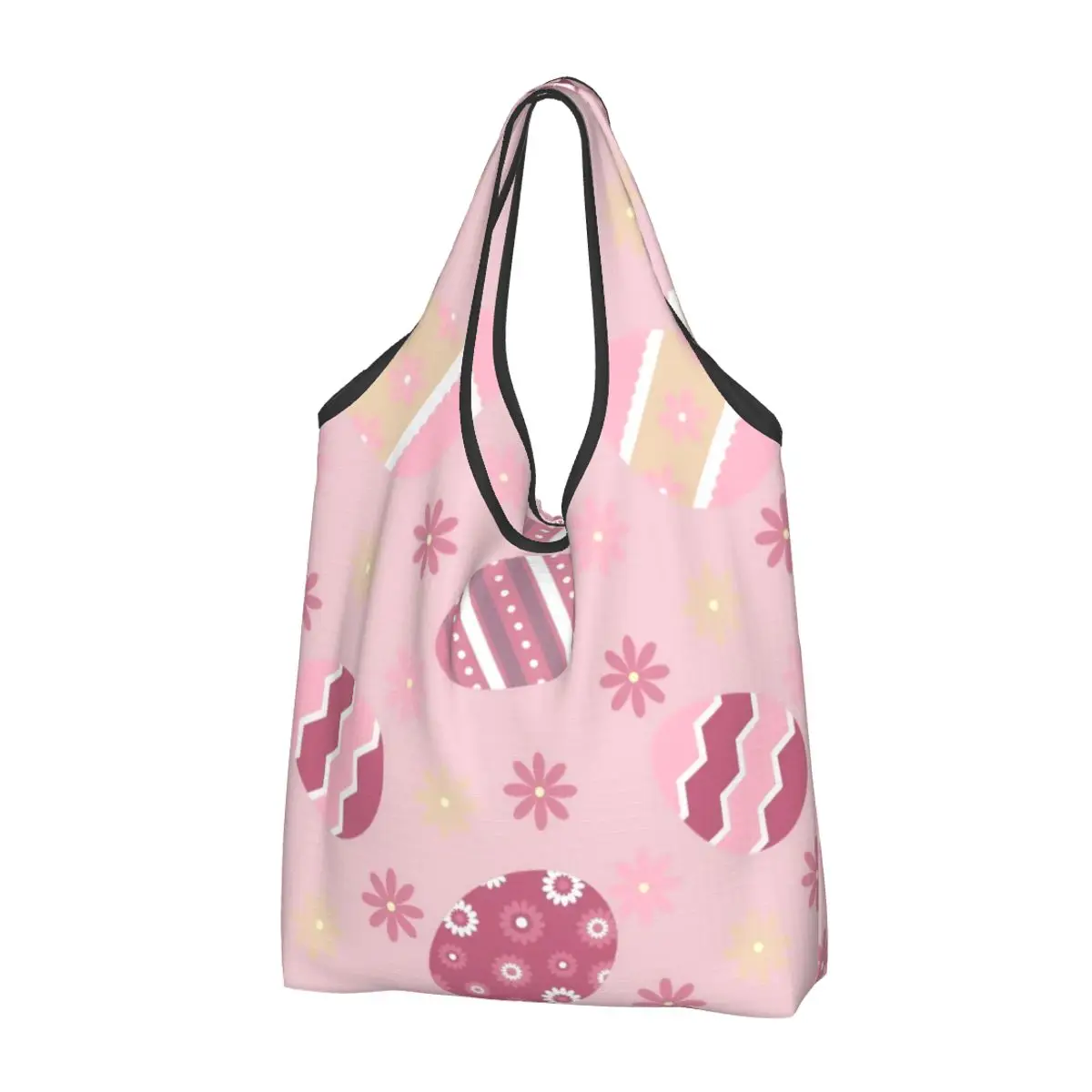 Reusable Happy Easter Eggs Grocery Bags Foldable Machine Washable Shopping Bag Large Eco Storage Bag Attached Pouch