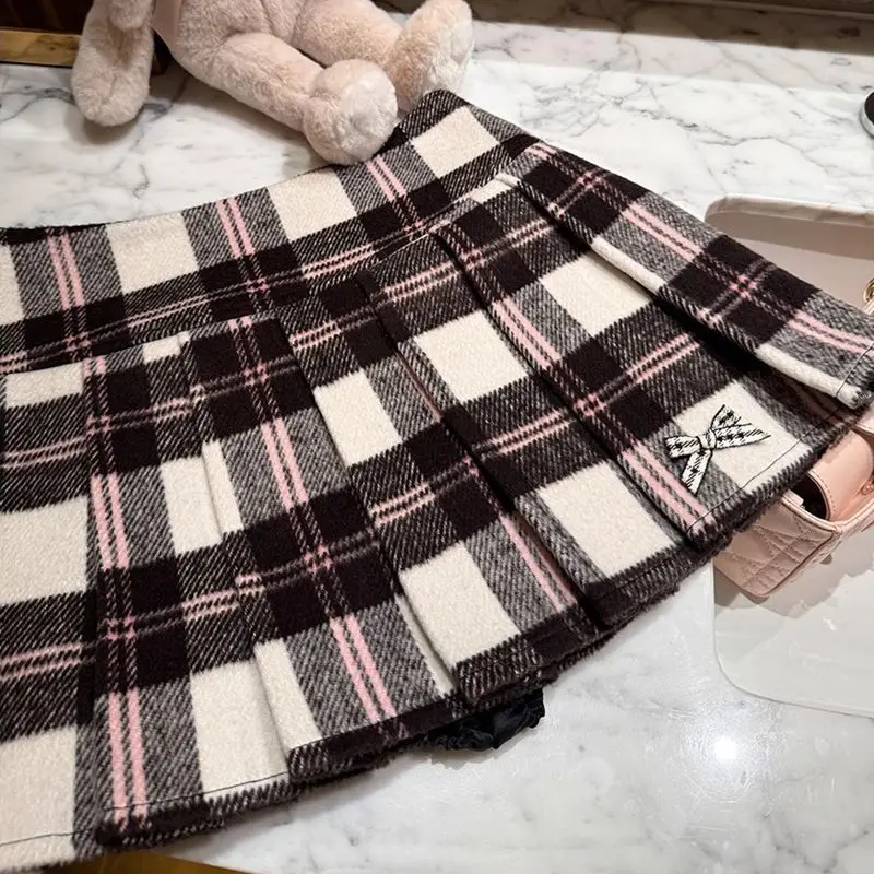 Japan Plaid Woolen Pleated Skirt Short American Preppy Style High Waist Skirt 2026 New