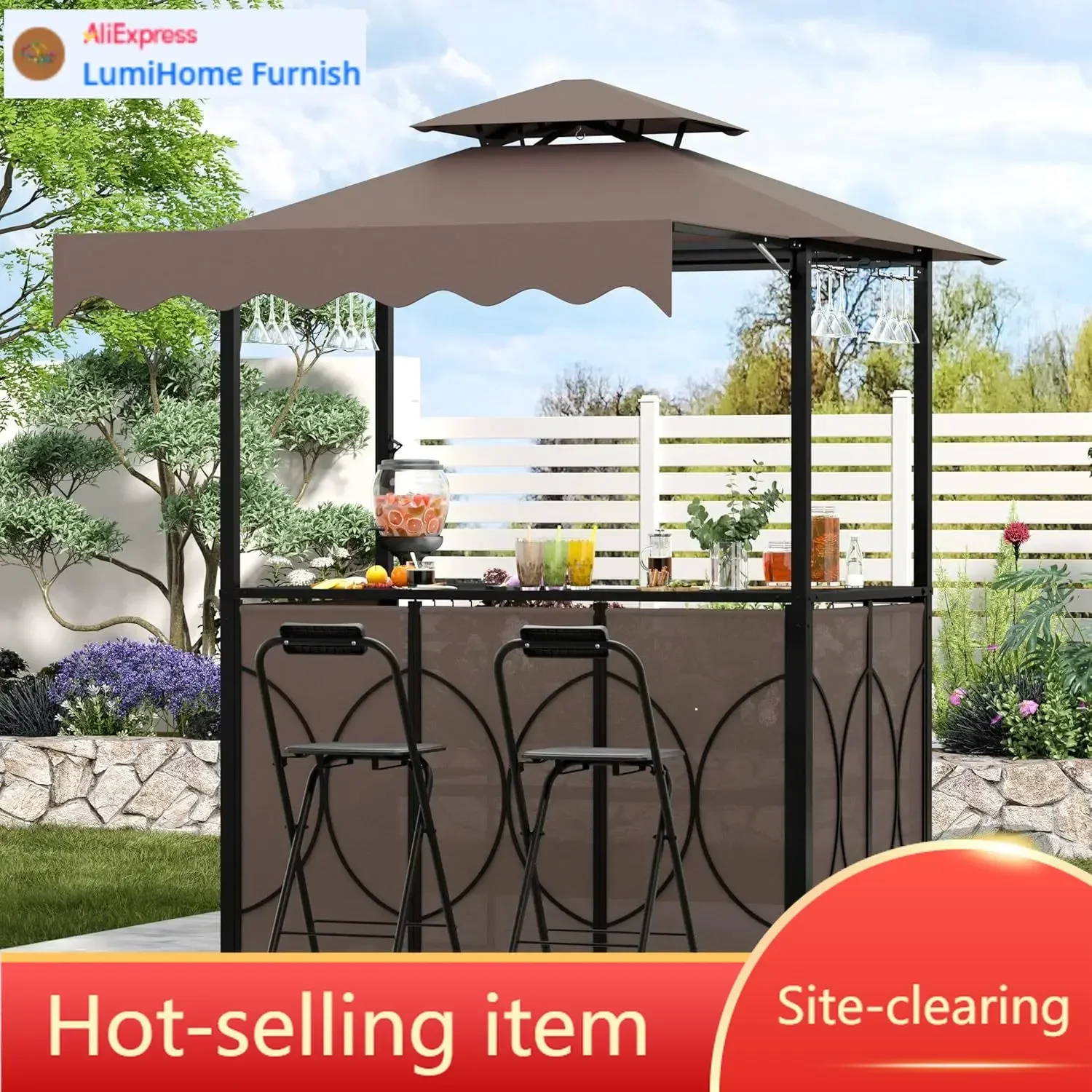 3 Piece Patio Bar and Grill Set, Grill Gazebo with Bar Table and 2 Foldable Stools, Outdoor Bar Set with Canopy, Extra Adjustabl