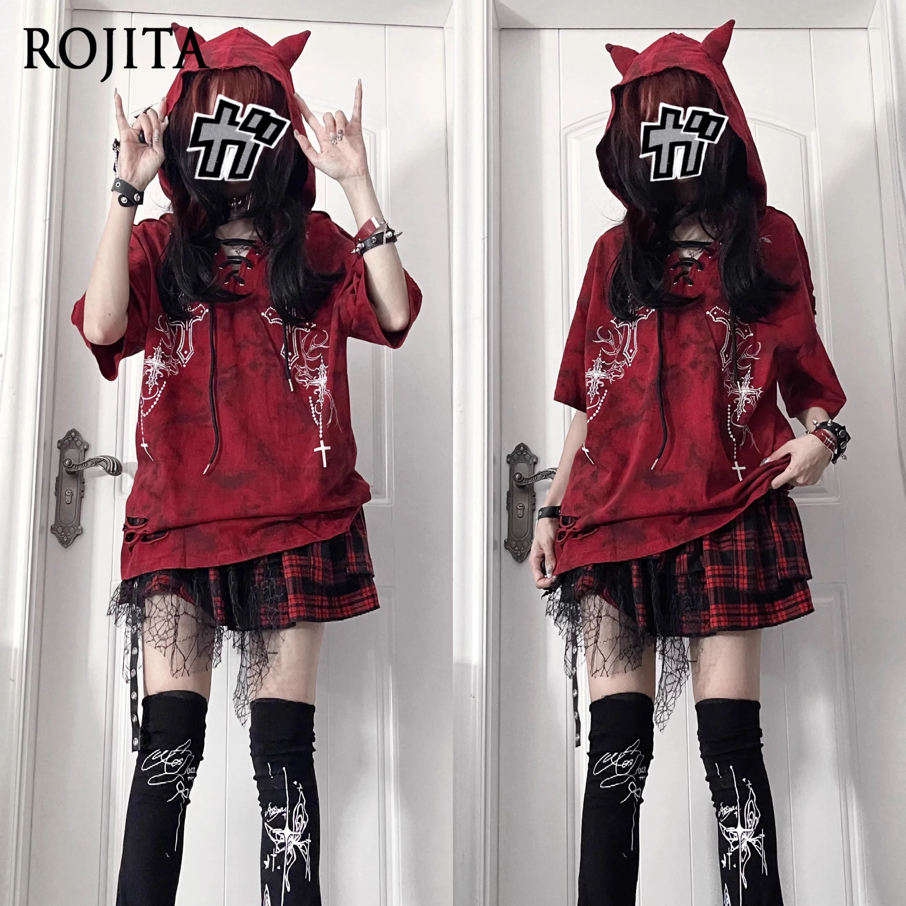 Original Print Subculture Dark Loose Hooded Pullover Tie-Dye Short Sleeve T-Shirt Women  Aesthetic Clothes Y2k Top