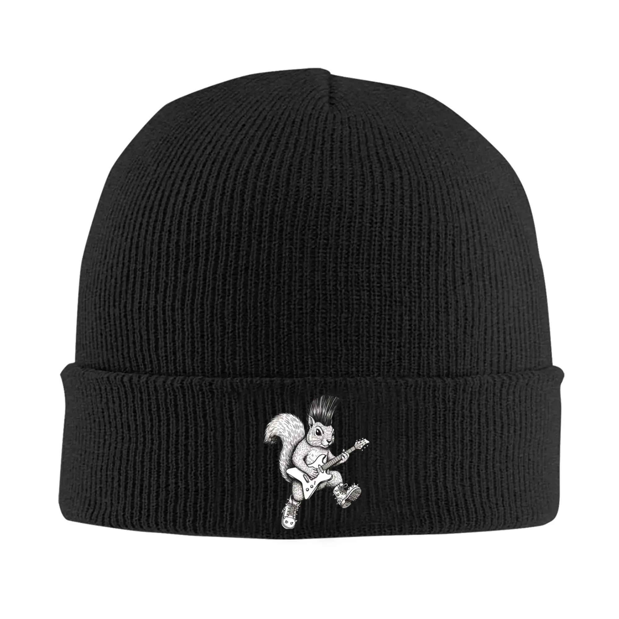Funny Punk Squirrel Playing Electric Guitar Rocker Beanie Hats  Skullies Beanies Men Women Cool Elastic Caps Winter  Bonnet Hats